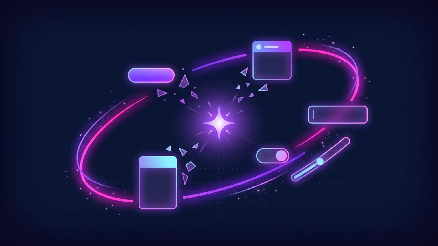 Editorial illustration: a luminous violet spark glyph at center emitting softly glowing UI-component shapes — a rounded button, a card, an input field, a toggle — assembling out of scattered fragments along bright magenta arcs, on a deep midnight-navy backdrop.