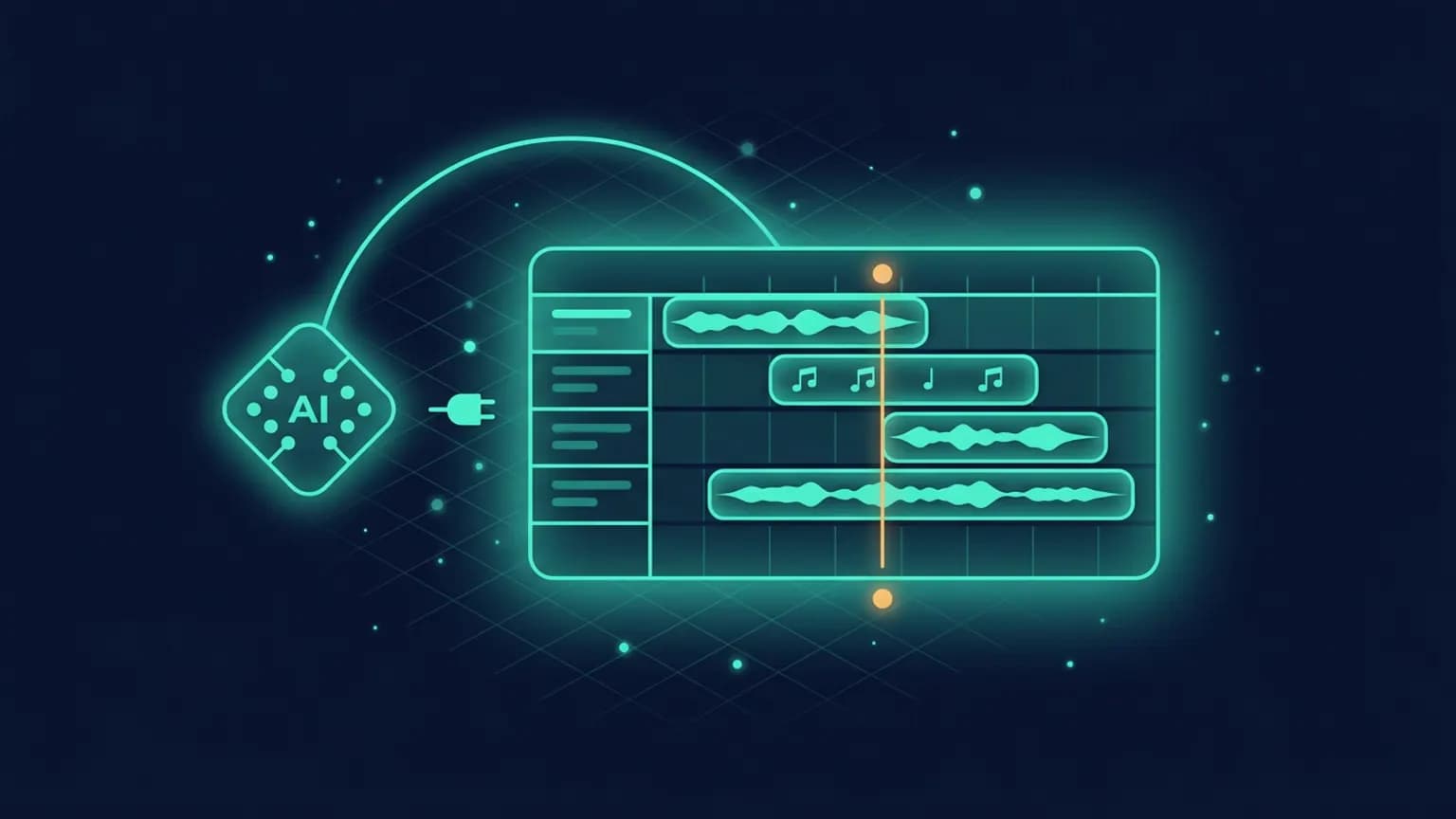 Editorial illustration: a central luminous teal waveform-and-MIDI-clip glyph at the geometric center, its grid of glowing note blocks linked by a softly pulsing socket-connection arc to a single small generic AI-client glyph, set against a deep midnight navy backdrop with faint mixing-console fader shapes.