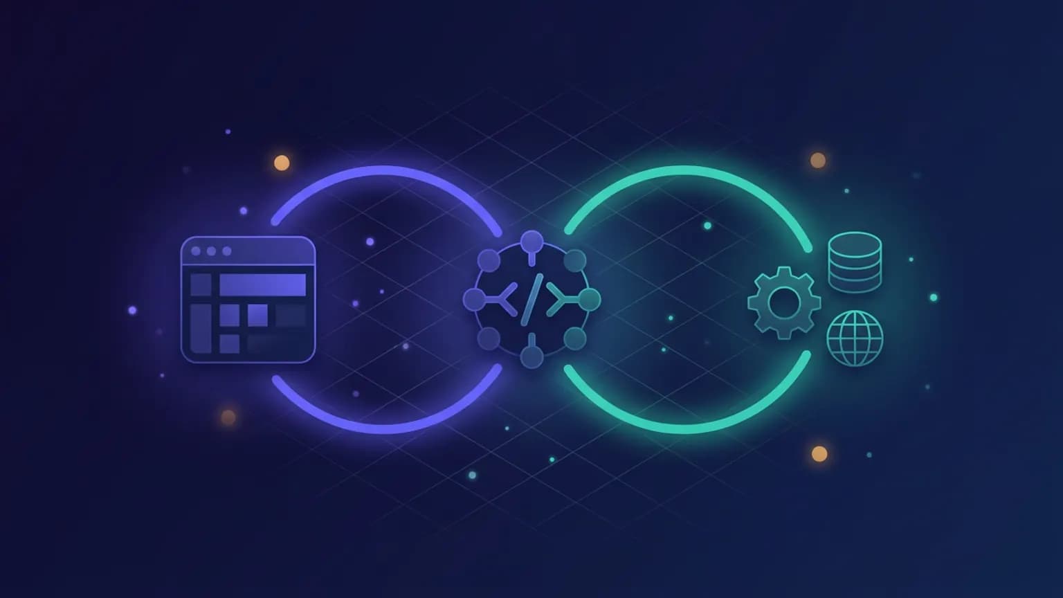 Editorial illustration: two horizontal luminous rails on a midnight navy backdrop. The lower rail, in teal, runs from a small rounded editor-window glyph on the left to a glowing hexagonal agent core in the center, labelled with a tiny upward bracket. The upper rail, in amber, runs from that same agent core outward to a cluster of small tool and database glyphs on the right. The two rails meet at the agent core, forming an L-shaped junction that shows one protocol feeding the editor side and the other feeding the tools side.