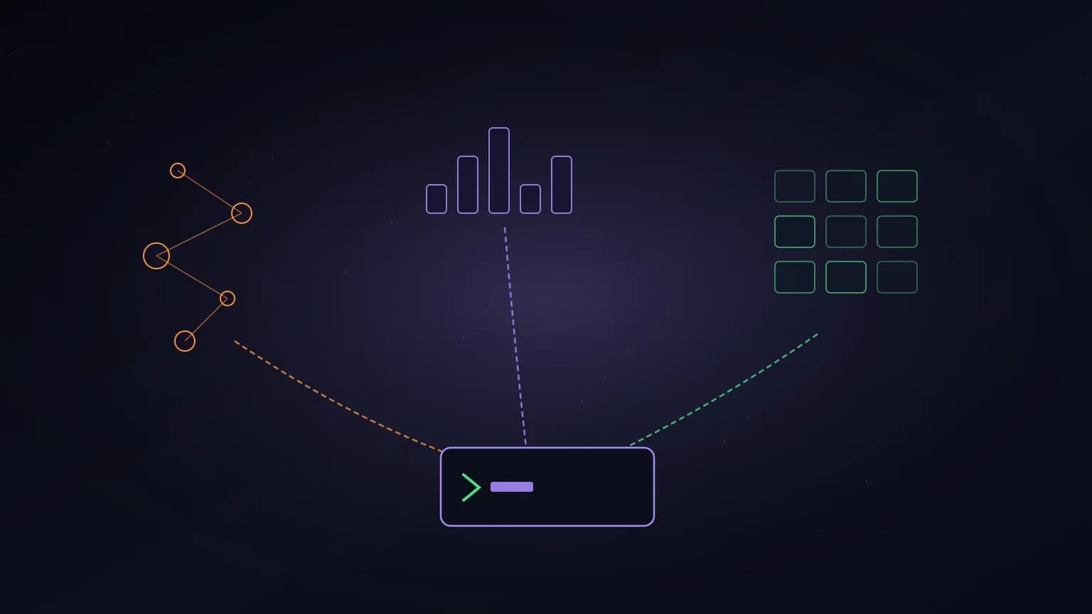 Editorial illustration: three glowing data streams — a backlink graph, a keyword bar chart, and a raw SERP grid — converging into a single terminal prompt on a deep indigo backdrop.
