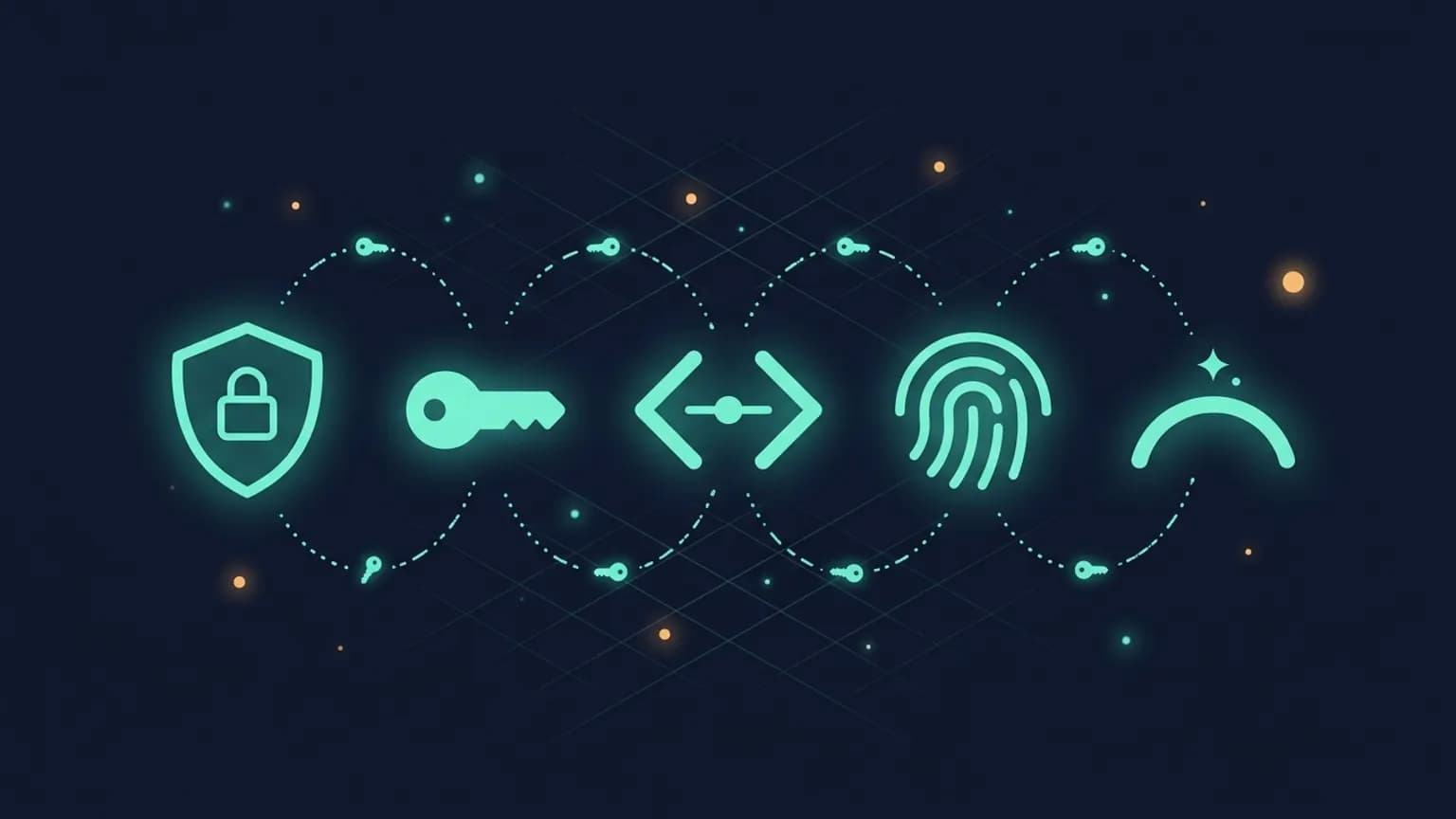 Editorial illustration: five luminous teal authentication glyphs in a horizontal row — an Auth0 lock-shield, a Clerk key-clip, a WorkOS twin-bracket SSO mark, a Stytch fingerprint-curve, a Descope passwordless-arc — connected by softly glowing OAuth-token arcs on a midnight navy backdrop.