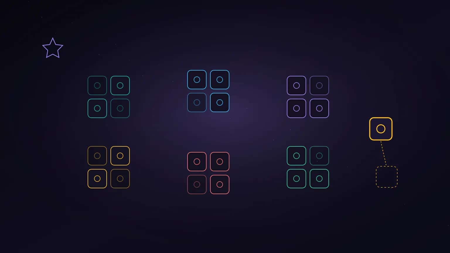 Editorial illustration: a curator's gallery wall of glowing modular tiles arranged into labeled clusters, with a hand placing one luminous tile into an empty slot, on a midnight navy background.