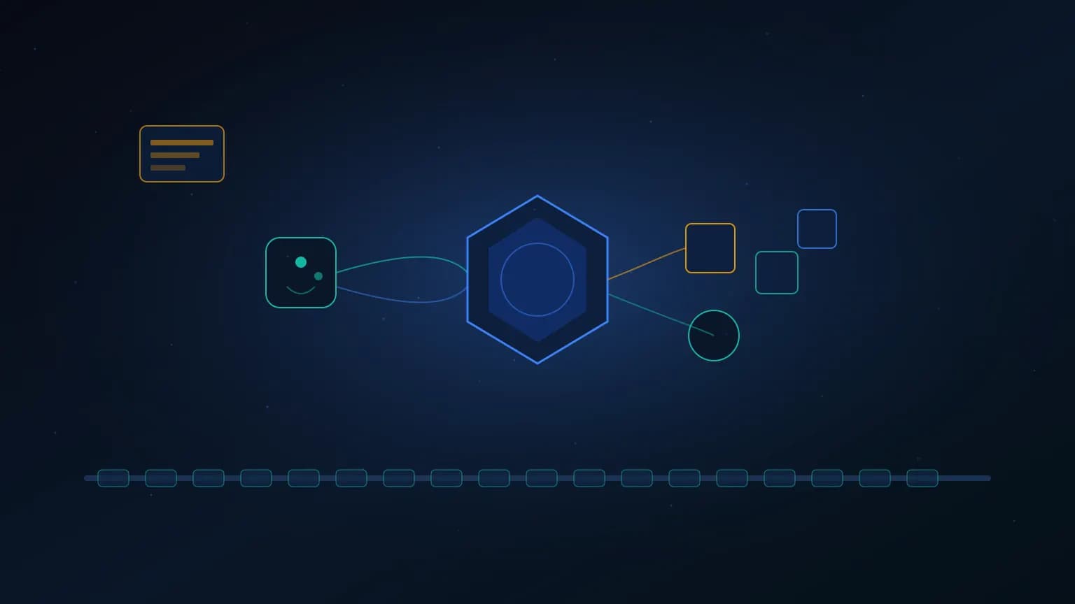 Abstract editorial illustration: an AI agent node connected by glowing arcs to a smart-wallet vault glyph, DeFi protocol cubes, and a Base L2 chain rail on a midnight navy background.