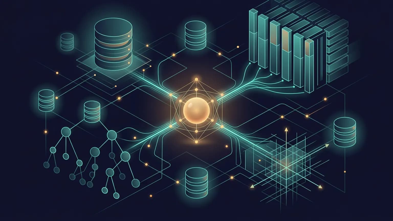 Editorial illustration: interconnected database cylinders of different shapes — stacked disks, a branching graph, a vector grid, a column-oriented block — linked by glowing query threads to a central agent node, on a deep indigo background.