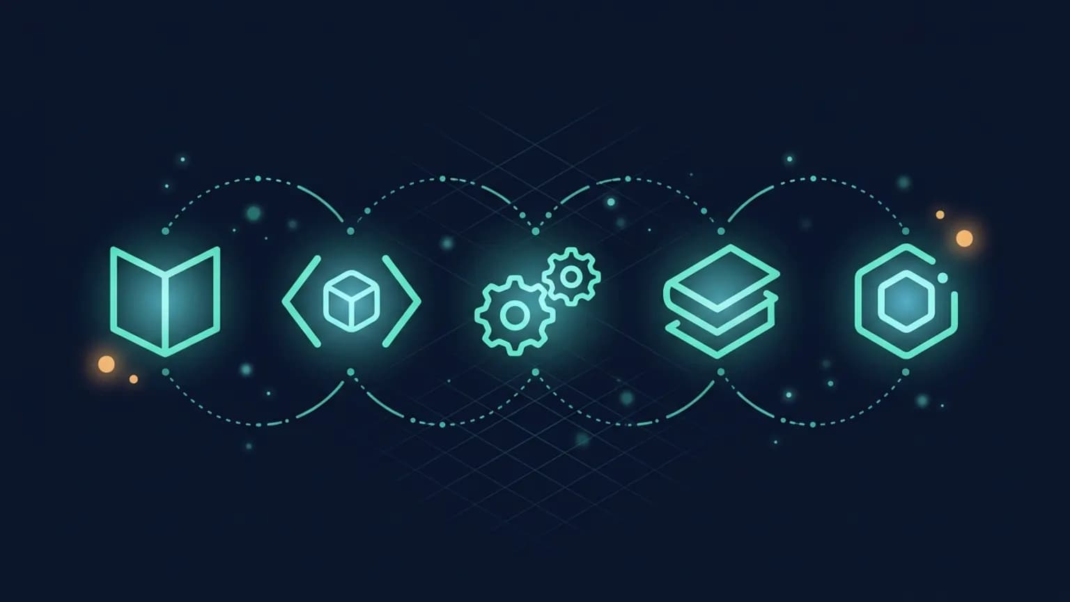 Editorial illustration: five luminous teal book-stack glyphs in a horizontal row — an Outline open spine, a Notion bracketed cube, a Confluence interlocking gears mark, a Bookstack tilted books, an Anytype hex — connected by softly glowing index-line arrows on a midnight navy backdrop.