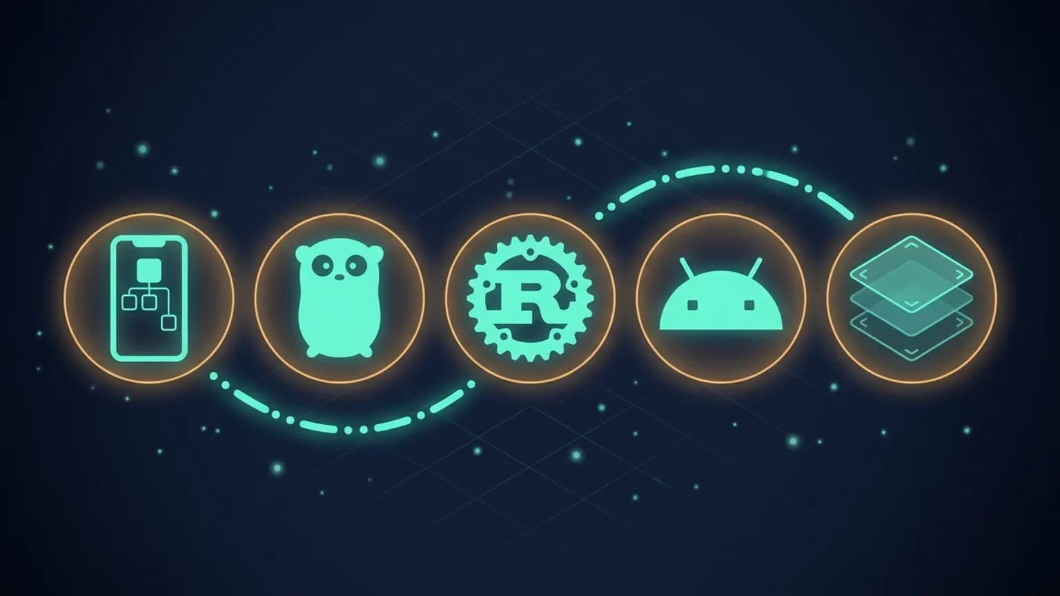 Editorial illustration: five luminous teal abstract glyphs arranged in a horizontal constellation — a phone-shaped Flutter glyph, a gopher silhouette for Go, a multi-segmented gear for Rust, an android-head outline for Kotlin, and a layered code-page stack for TypeScript — connected by a continuous teal flow arc on a midnight navy background.