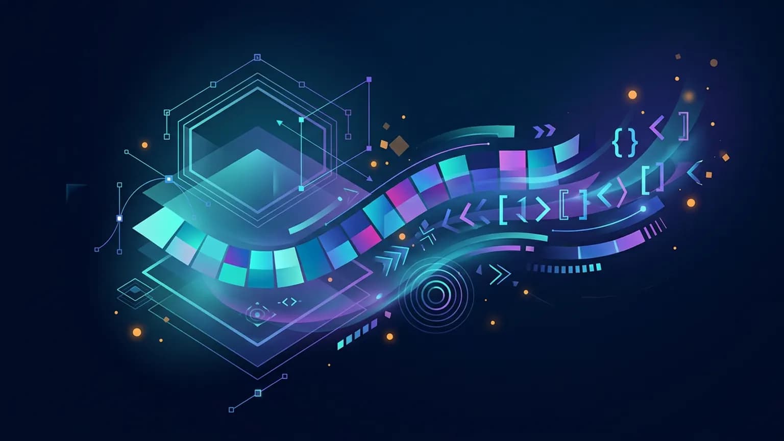 Editorial illustration: an abstract design canvas with floating frame outlines, vector handles, and a color-swatch ribbon flowing into a stream of code brackets, on a midnight navy background.