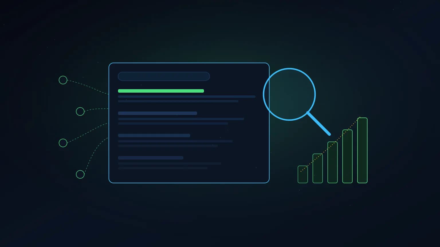 Editorial illustration: a luminous magnifying glass hovering over an abstract search results page, with ranking-bar glyphs climbing upward and a web of backlink threads radiating outward, on a midnight navy background.