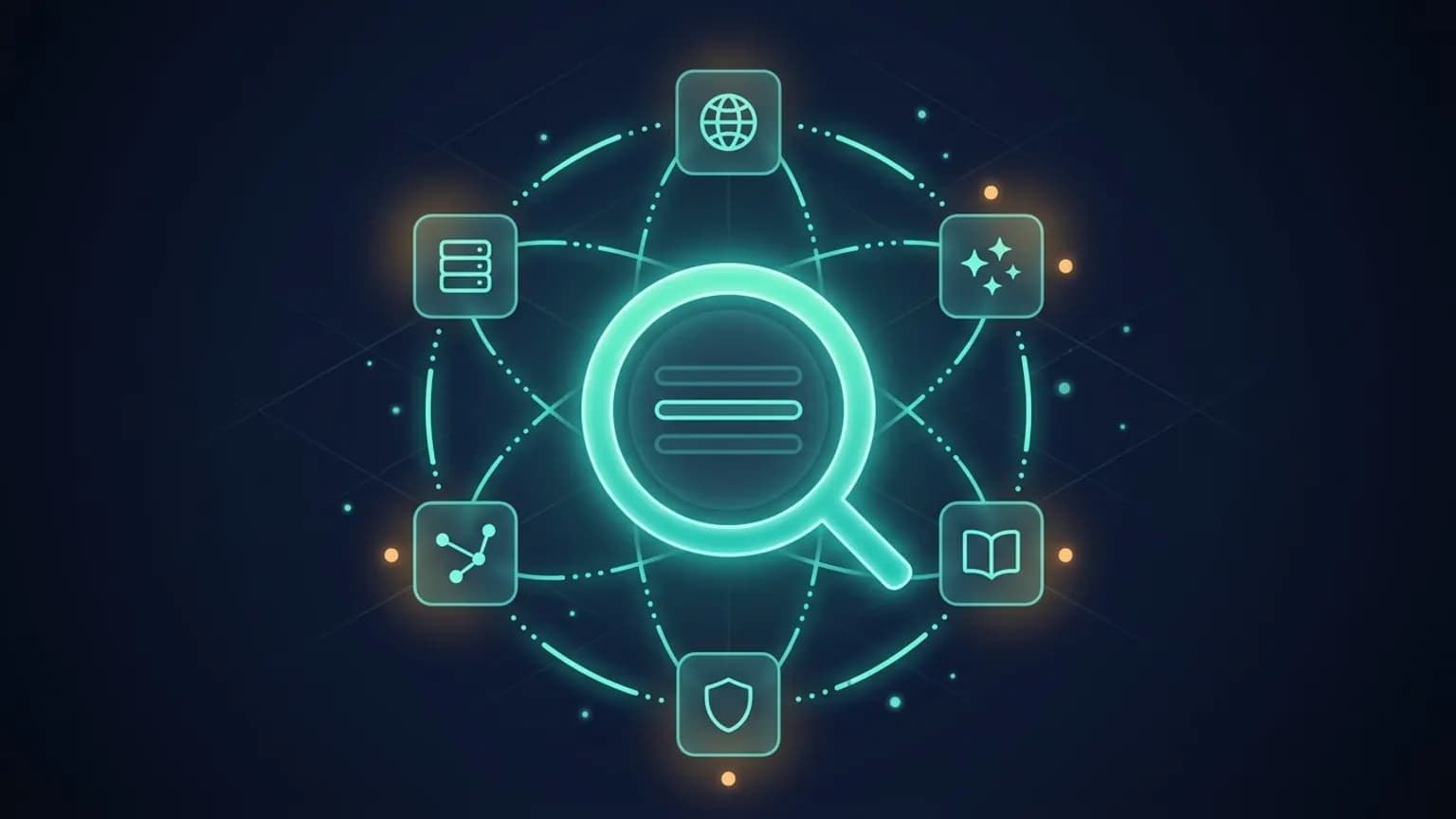 Editorial illustration: a luminous teal magnifying-glass loop at the center of a six-spoked star of dot-and-dash light, each spoke ending in a different abstract glyph representing a web search MCP server, on a midnight navy background.