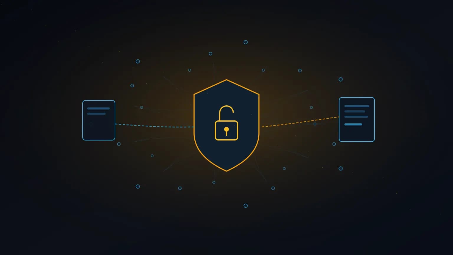 Editorial illustration: a luminous amber unlock-shield glyph at the center of a global mesh of proxy-node points, feeding clean document glyphs along glowing arcs into orbiting AI-client shapes on a midnight navy backdrop.