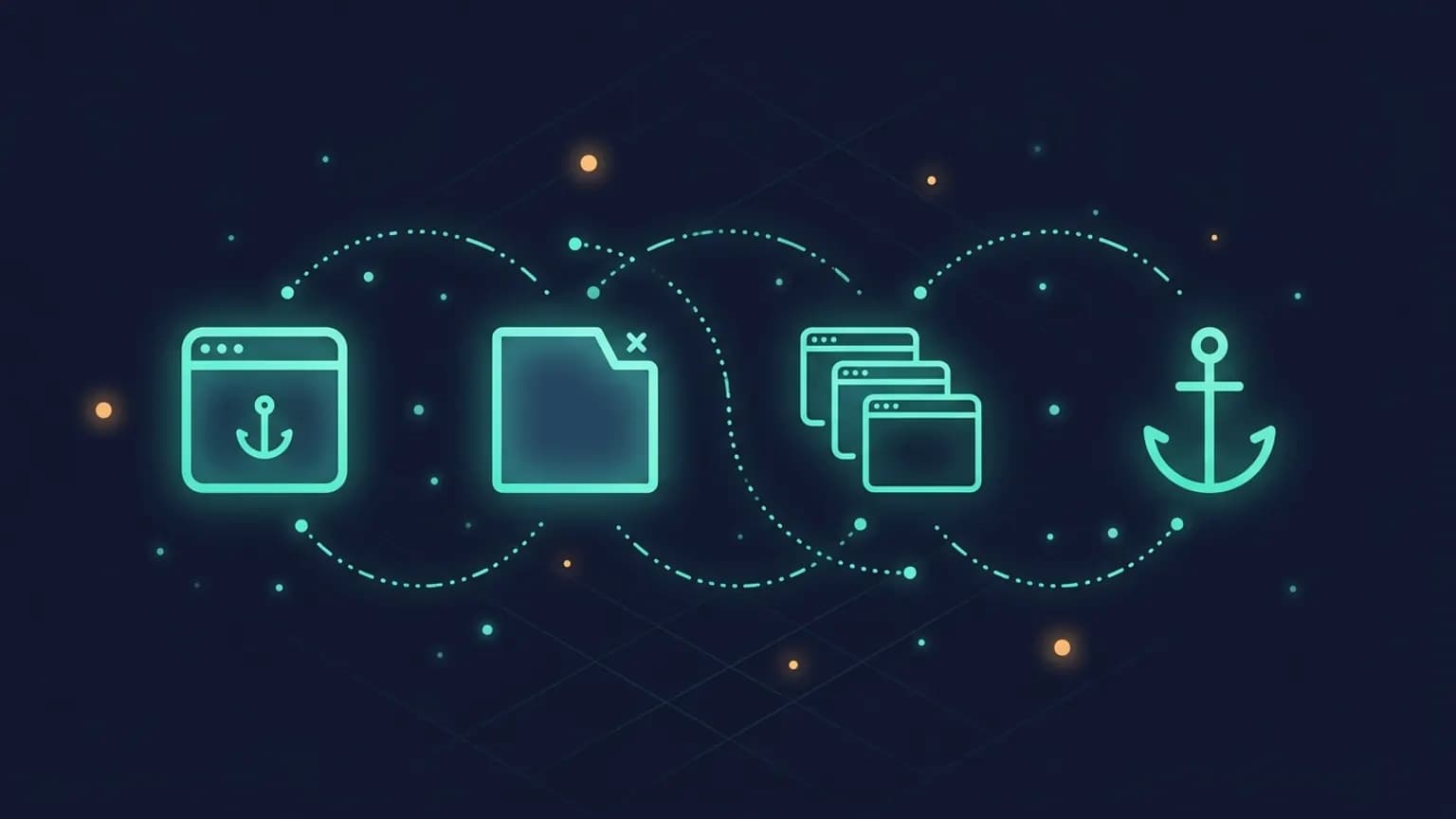 Editorial illustration: four luminous teal browser-window glyphs in a horizontal row — a Browserbase rounded-square frame with a tiny anchor-dot, a Browserless angular-tab frame, a Hyperbrowser stacked-trio of three window outlines, an Anchor anchor-symbol — connected by softly glowing session arcs on a midnight navy backdrop.