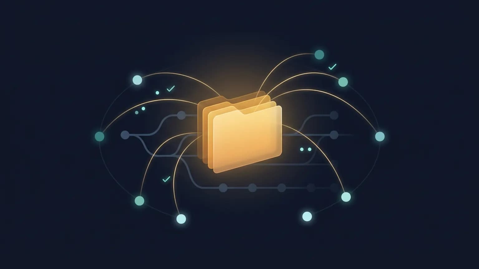 Editorial illustration: a luminous warm-amber stack-of-documents glyph at center representing an API collection, thin glowing request arcs curving outward to orbiting circular endpoint nodes, a faint branching git motif and small checkmark glyphs threading between them, on a deep midnight navy backdrop.
