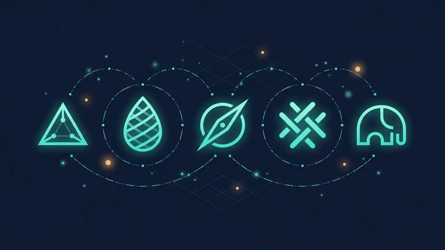 Editorial illustration: five luminous teal vector-database glyphs in a horizontal row — a Chroma prism, a Pinecone pinecone, a Qdrant compass-needle, a Weaviate woven mesh, a pgvector Postgres-elephant silhouette — connected by softly glowing similarity-line arrows on a midnight navy backdrop.