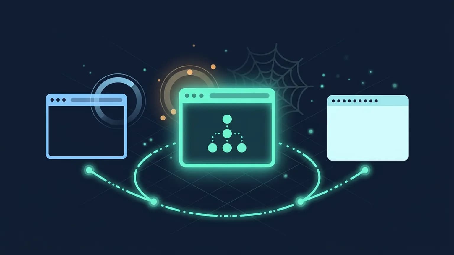 Editorial illustration: three luminous browser windows in a triangle — Chrome DevTools, Playwright, and Puppeteer — each rendering an accessibility tree node, connected by teal automation arrows on a midnight navy background.