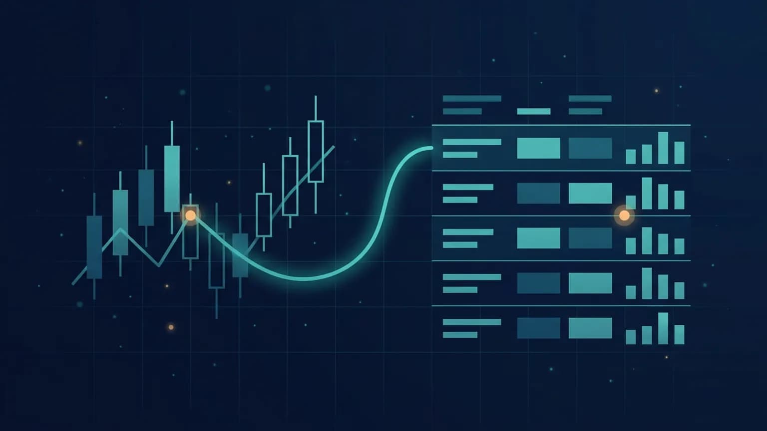 Editorial illustration: a candlestick chart glyph on the left connected by a teal flow arc to a structured analysis table on the right, on a midnight navy background — representing the a-stock-analysis Claude skill turning A-share quotes into a readable report.