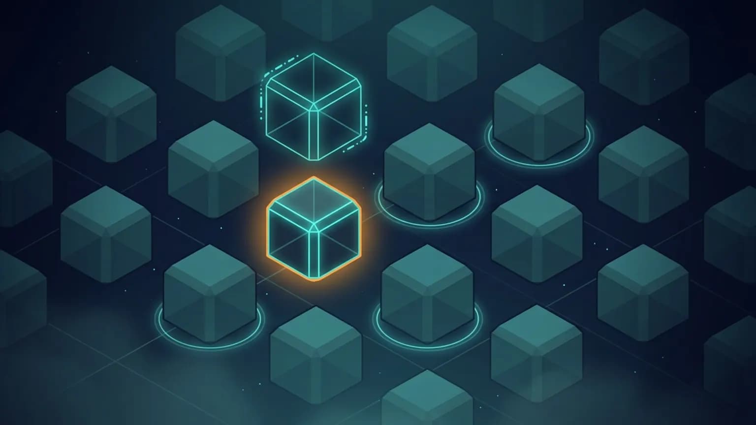 Editorial illustration: a luminous teal wireframe 3D model on the left connected by a glowing MCP flow arc to an abstract Claude glyph on the right, on a midnight navy background with a faint Blender-style 3D grid.
