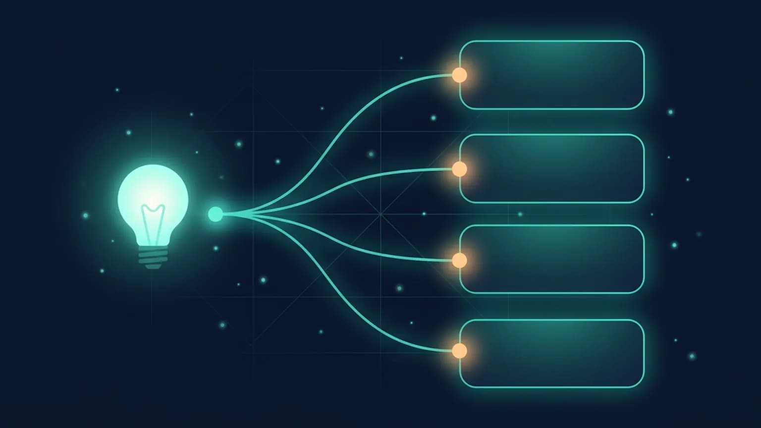 Editorial illustration: a glowing idea node on the left branching along teal arcs into a mind-map of distinct option cards on the right, on a midnight navy background — one rough idea fanning out into compared design approaches before any code is written.