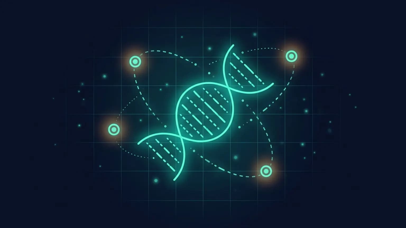 Editorial illustration: a luminous teal double-helix glyph with three orbiting fitness-candidate nodes connected by dot-and-dash light segments, on a midnight navy background.