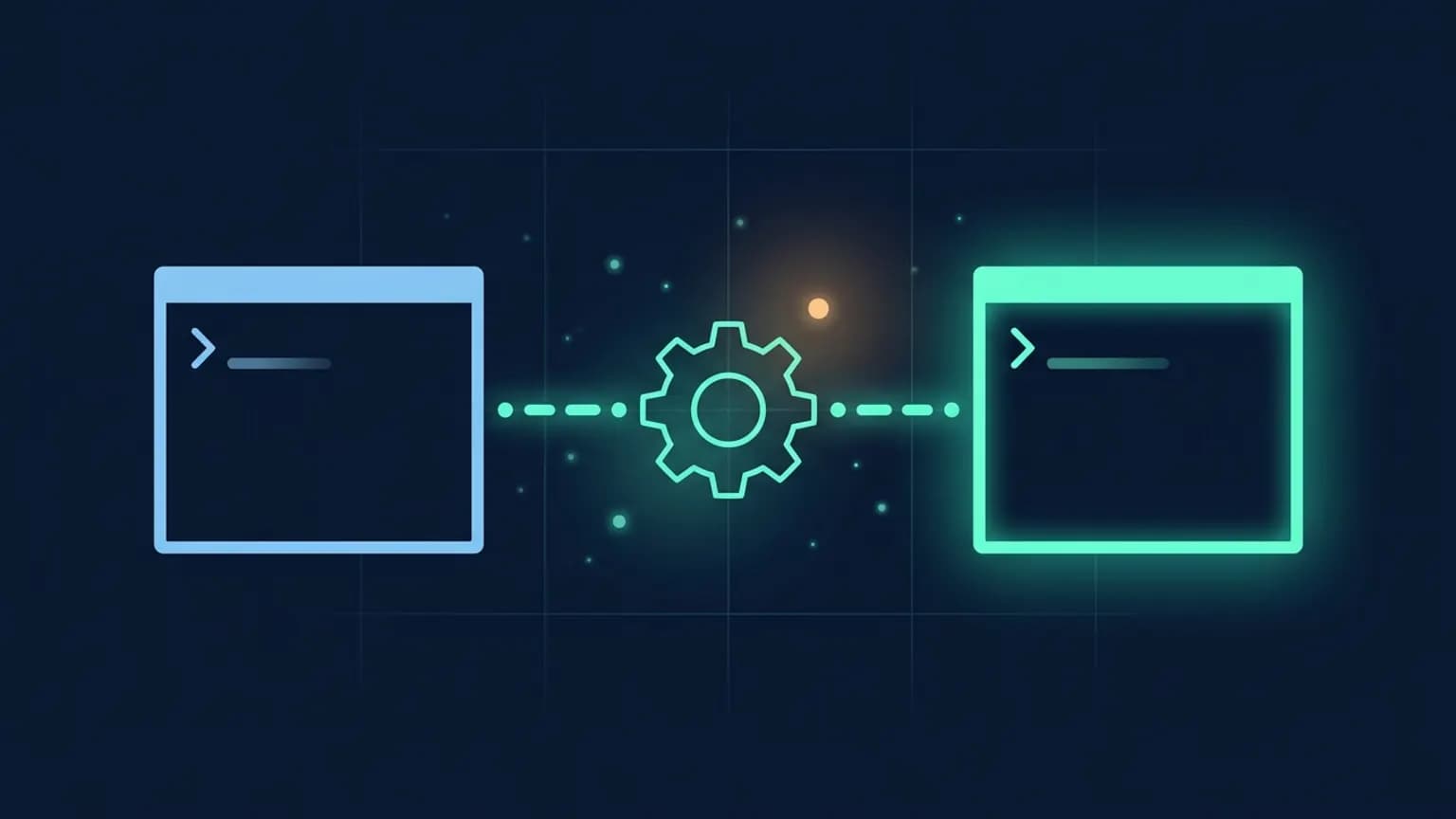 Editorial illustration: a Windows 11 sky-blue terminal beside a teal WSL Ubuntu terminal, connected by a glowing pipeline of dot-and-dash light, with a subtle MCP gear glyph at the junction, on a midnight navy background.
