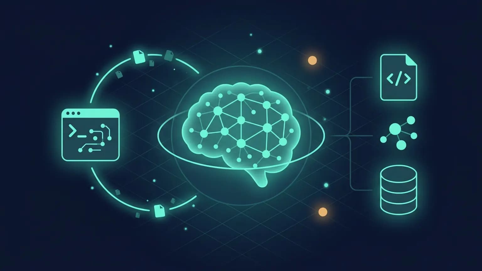 Editorial illustration: a glowing coding-agent core tethered by luminous threads to four distinct memory vessels — a stack of markdown sheets, a dependency-graph of beads, a vector cloud, and a knowledge-graph constellation — over a deep midnight backdrop.