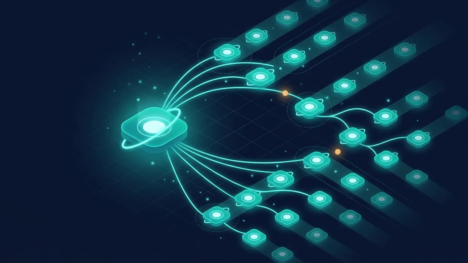 Editorial illustration: a single luminous teal node at the top fanning out into a dozen parallel worker nodes arranged in a wide arc, each glowing softly amber, connected by thin light-trails to a shared horizontal plane representing a filesystem, on a deep midnight-navy background. No text, no logos.