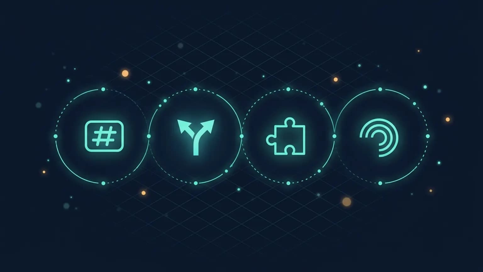 Editorial illustration: four luminous teal extension-primitive glyphs in a horizontal row — a Skill SKILL.md badge, a Subagent forked-arrow, a Plugin puzzle-piece, a Hook lifecycle-arc — connected by softly glowing lifecycle arrows on a midnight navy backdrop.