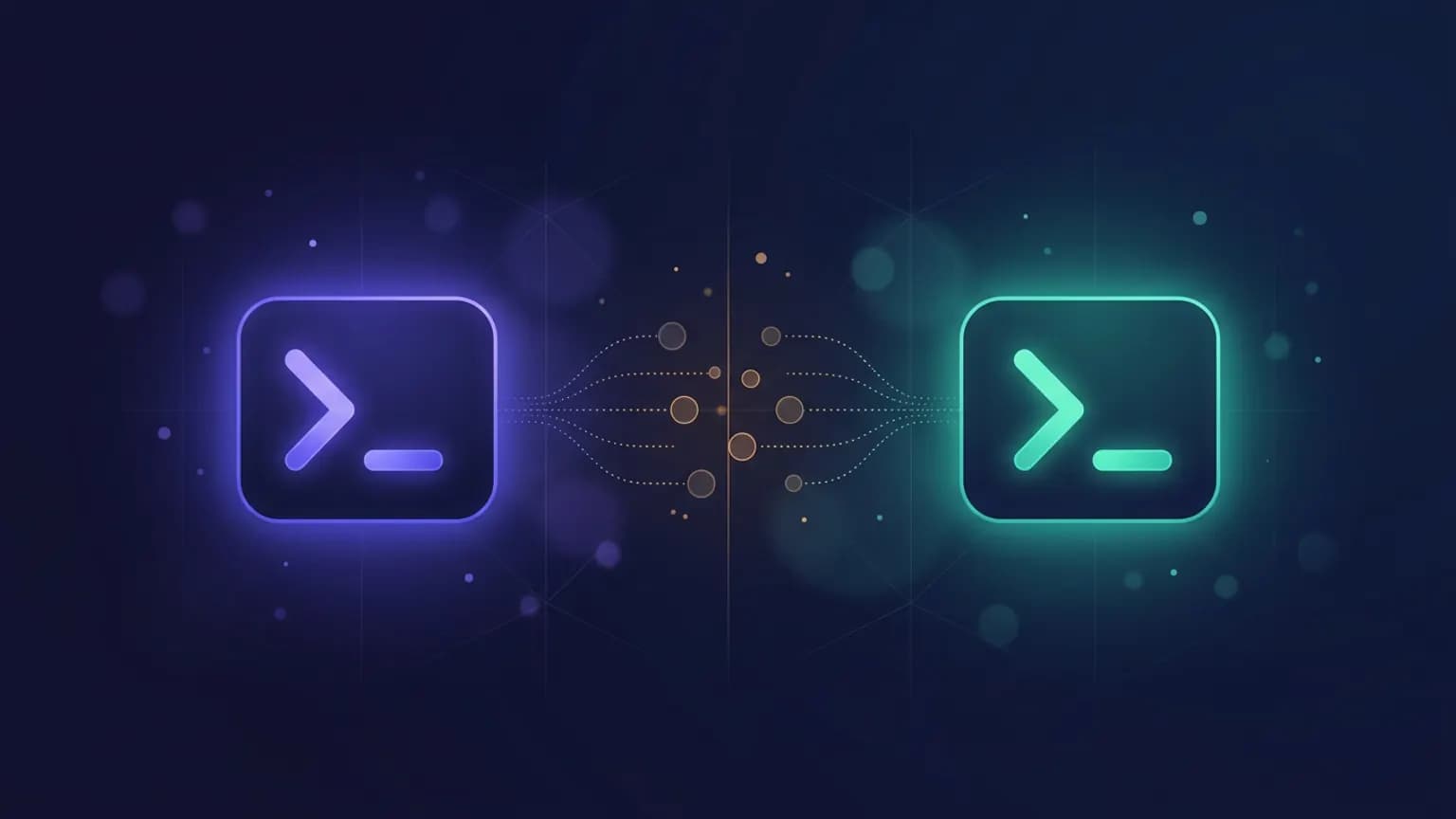 Editorial illustration: two terminal-style command loops on a deep slate backdrop — one warm amber, one cool teal — exchanging dotted tool-call lines across a split prompt line.