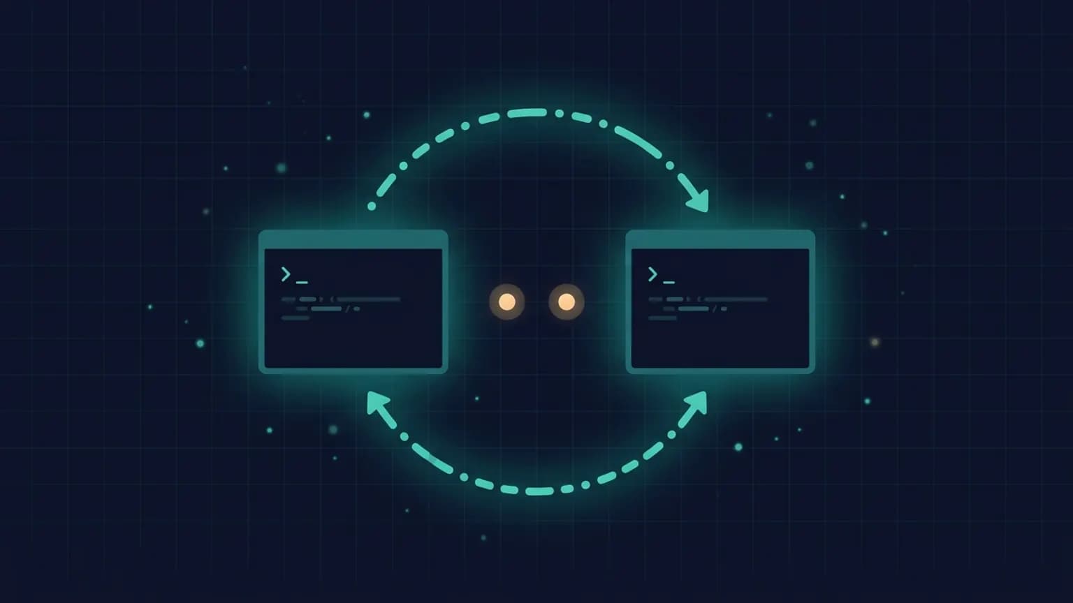 Editorial illustration: two stylized terminal-window glyphs on a midnight navy background facing each other, connected by a dot-and-dash teal flow arc going both directions, suggesting a CLI-to-CLI handoff between Claude Code and OpenAI Codex CLI.
