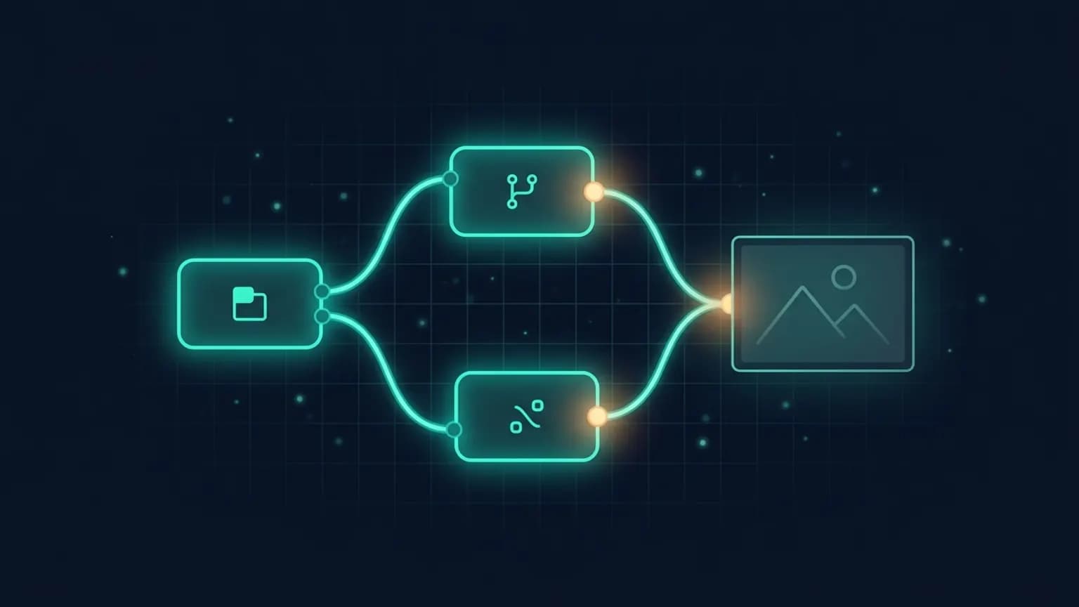 Editorial illustration: a luminous teal node-graph network of four connected geometric nodes linked by glowing curved cables, with a single image-frame rectangle showing a mountain-and-sun render to its right, on a midnight navy background — a ComfyUI workflow turning into a generated image.