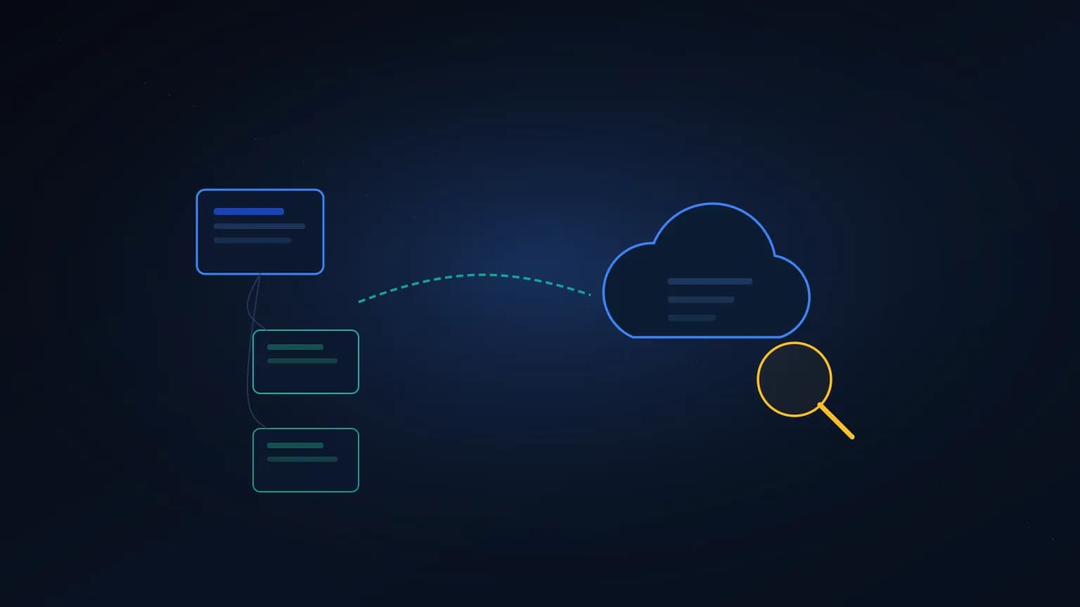 Editorial illustration: a page-tree document glyph and a cloud glyph connected by a luminous teal flow arc, with a small magnifying-glass accent, on a midnight navy background.