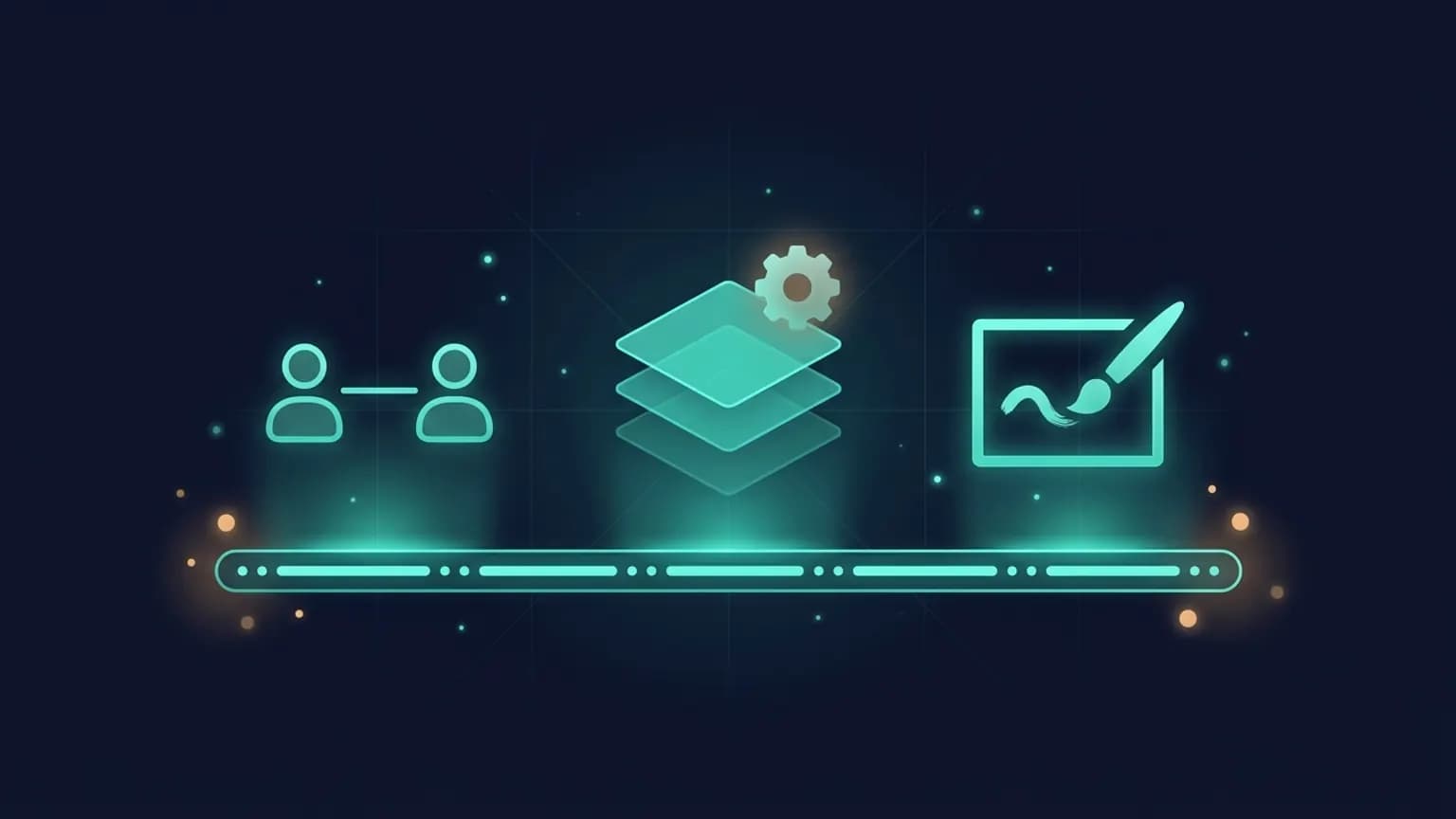 Editorial illustration: a luminous teal three-pillar diagram on midnight navy. Three columns labelled by glyphs for a desktop window (Cowork), a server stack (Managed Agents), and a paint-and-pen mark (Design) sit on a shared platform plinth, connected by faint dot-and-dash light suggesting a single platform layer beneath.