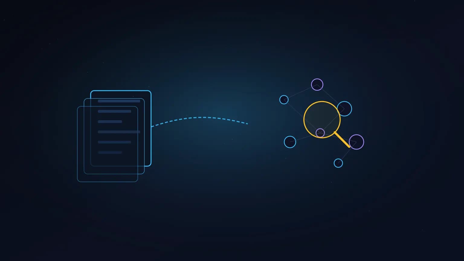 Editorial illustration: a stacked code-files glyph and a vector-node cluster glyph connected by a luminous teal flow arc, with a small magnifying-glass accent, on a midnight navy background.
