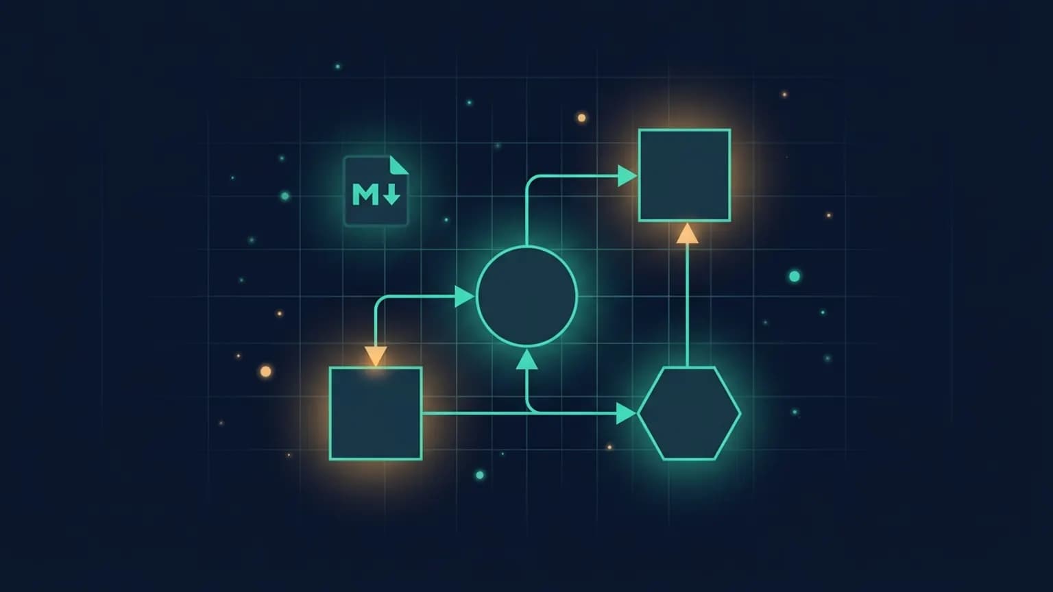 Editorial illustration: three connected geometric nodes (circle, square, hexagon) joined by teal arrow lines suggesting an architecture diagram, on a midnight navy background.