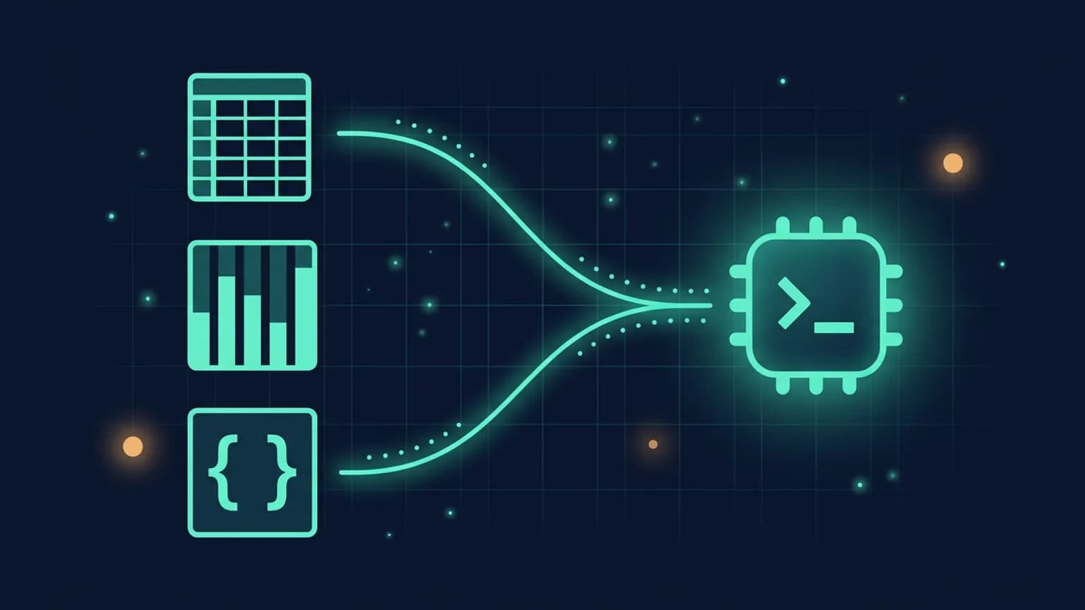 Editorial illustration: a stack of CSV and Parquet file glyphs on the left flowing into a yellow duck-silhouette SQL engine on the right, connected by a luminous teal flow arc, on a midnight navy background.