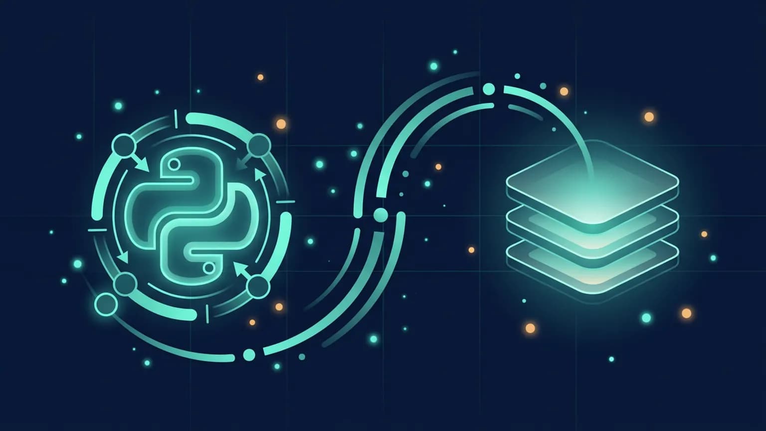 Editorial illustration: a Python async function glyph on the left flowing into a layered API stack glyph on the right, connected by a luminous teal arc, on a midnight navy background.