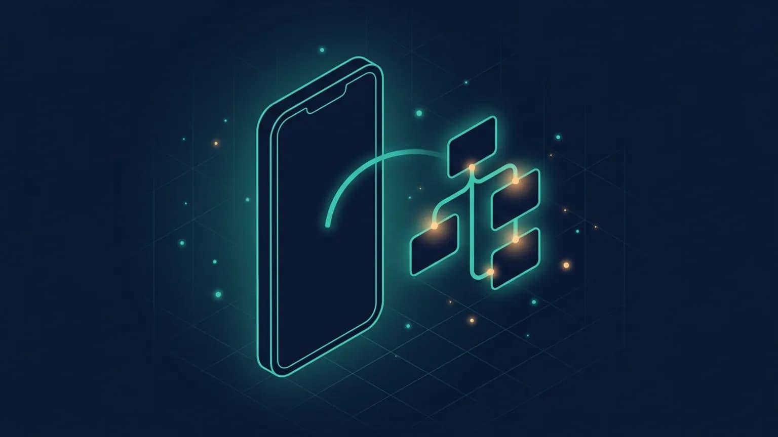Editorial illustration: an isometric phone outline next to a widget-tree glyph of three nested rectangles, connected by a luminous teal flow arc, on a midnight navy background.