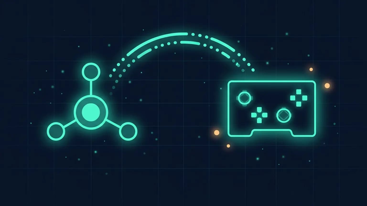 Editorial illustration: a luminous teal node-graph glyph connected to a game-controller glyph by a teal flow arc, on a midnight navy background.
