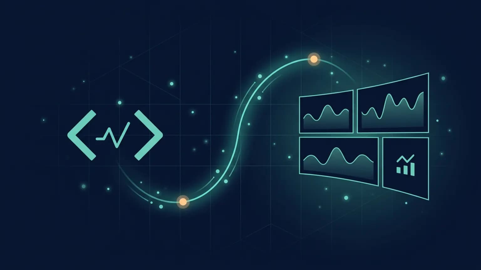 Editorial illustration: a PromQL query on the left flowing into a fanned-out Grafana dashboard of time-series panels on the right, connected by a luminous teal arc, on a midnight navy background.
