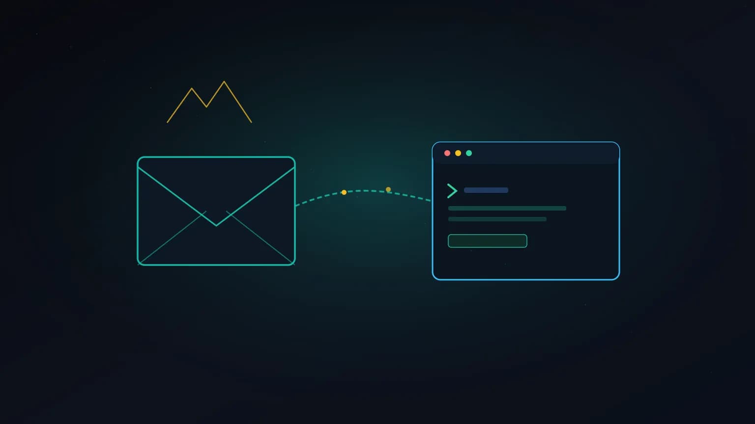 Editorial illustration: an envelope glyph and a terminal-prompt glyph connected by a luminous teal flow arc, on a midnight navy background with faint grid and amber accent dots.