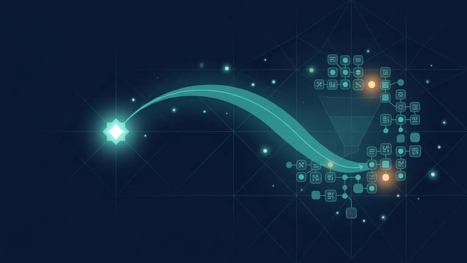Editorial illustration: a single seed keyword on the left fanning out into a clustered keyword map with intent tags on the right, connected by a luminous teal flow arc, on a midnight navy background.