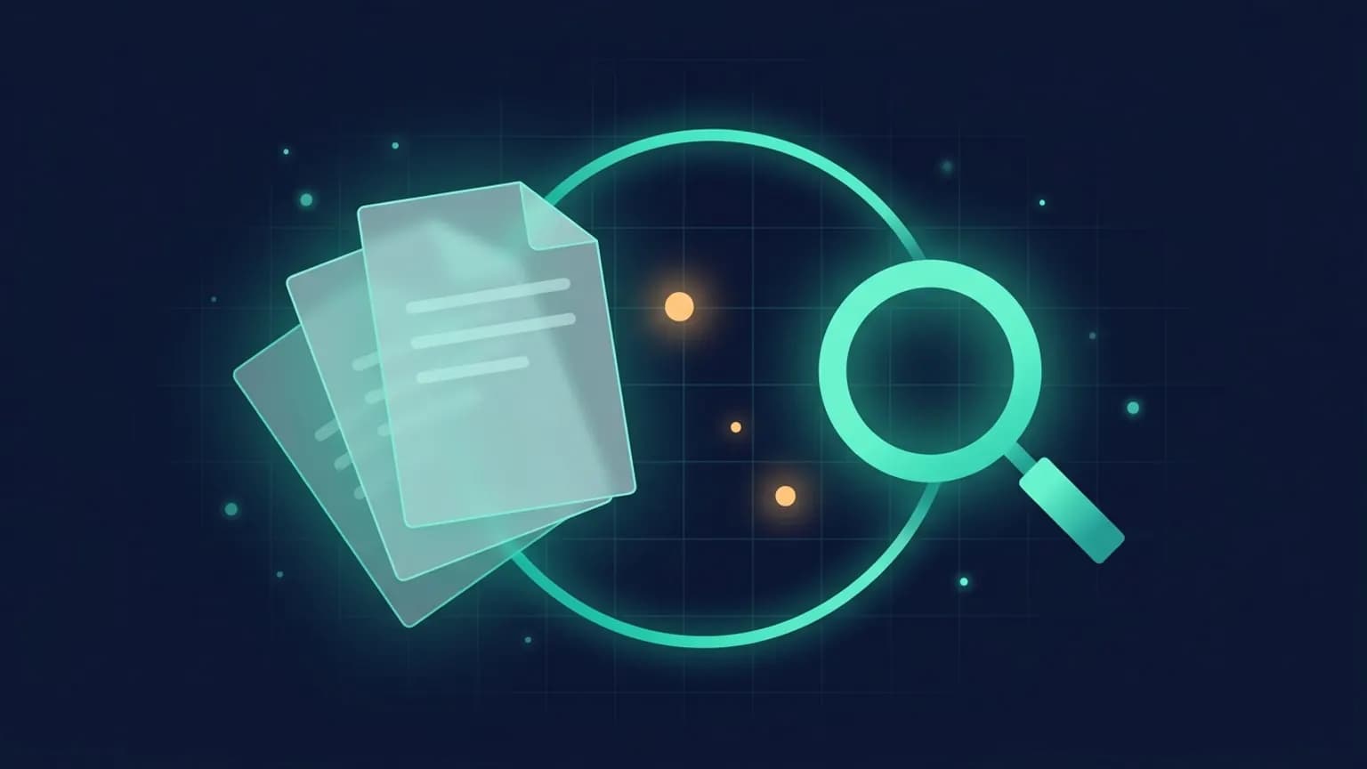 Editorial illustration: a fanned stack of three translucent paper-card glyphs on the left, connected by a teal flow arc to a luminous magnifying-glass glyph on the right, on a midnight navy background.