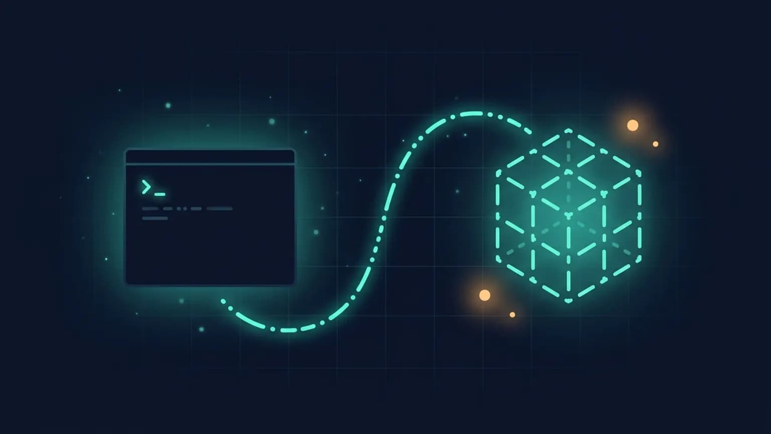 Editorial illustration: a terminal-window glyph on the left connected by a teal flow arc to a luminous cube-of-cubes on the right, suggesting a quantized GGUF model in memory, on a midnight navy background.