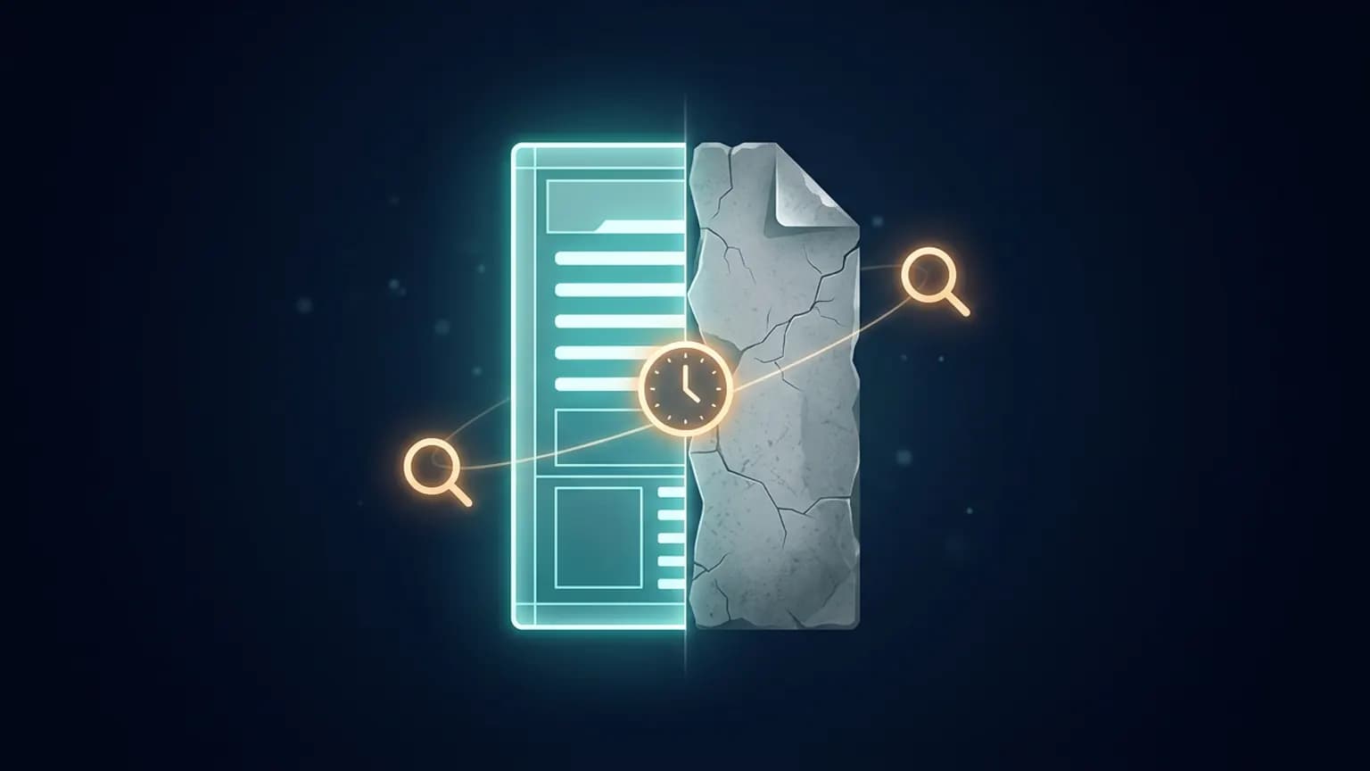 Editorial illustration: a large document glyph split down the middle — one half luminous teal and pristine, the other half cracked grey stone — with a small clock glyph and magnifying-glass glyph orbiting the seam, on a deep midnight navy background.