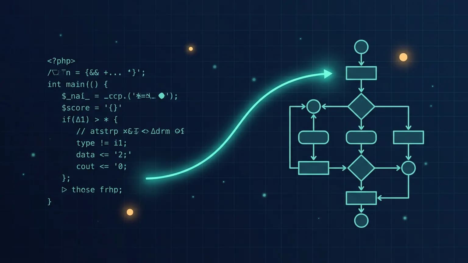 Editorial illustration: a block of indented Mermaid text on the left resolving into a clean node-and-arrow flowchart on the right, joined by a luminous teal flow arc, on a midnight navy background.