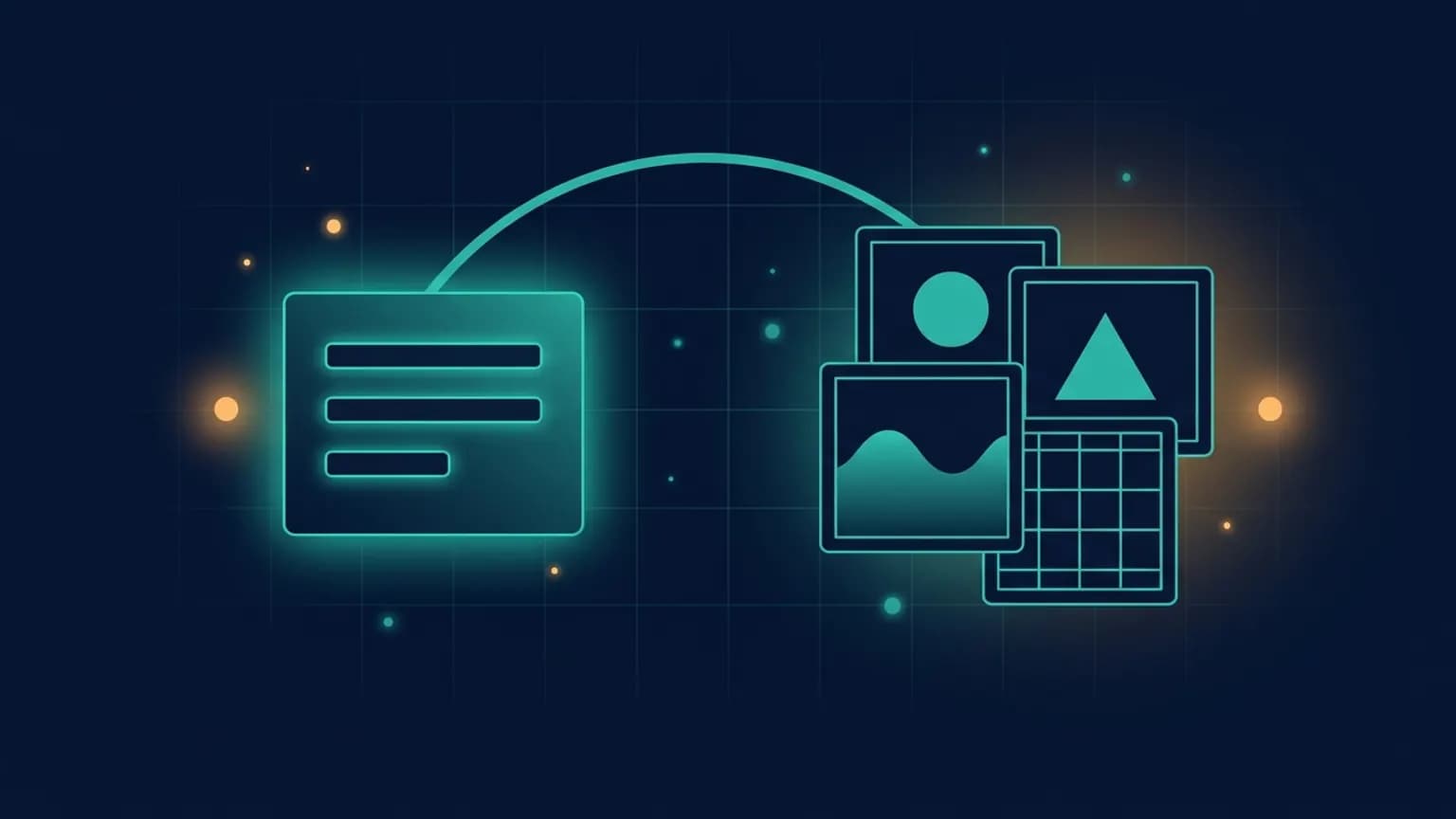Editorial illustration: a stylised text-prompt block on the left connected by a luminous teal flow arc to four overlapping image-frame rectangles on the right, on a midnight navy background — a prompt fanning out into a batch of generated images.
