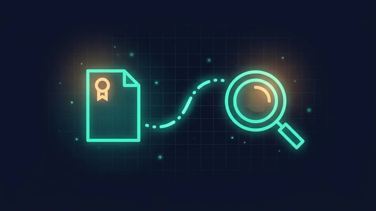 Editorial illustration: a luminous teal patent-document glyph on the left connected by a dot-and-dash flow arc to a magnifying-glass glyph on the right, on a midnight navy background.
