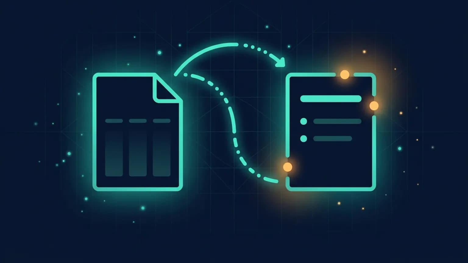 Editorial illustration: a PDF document glyph on the left transforming into a markdown document on the right, connected by a luminous teal flow arc, on a midnight navy background.