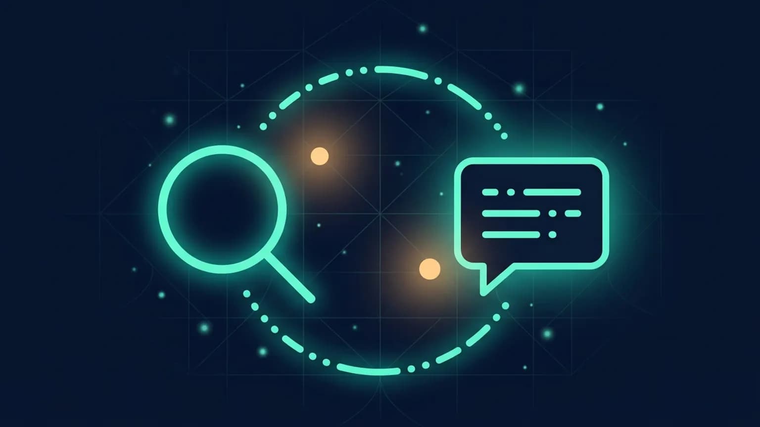 Editorial illustration: a luminous teal magnifying-glass glyph on the left connected by a dot-and-dash flow arc to a stylised chat-bubble on the right, on a midnight navy background — search-augmented generation in one image.