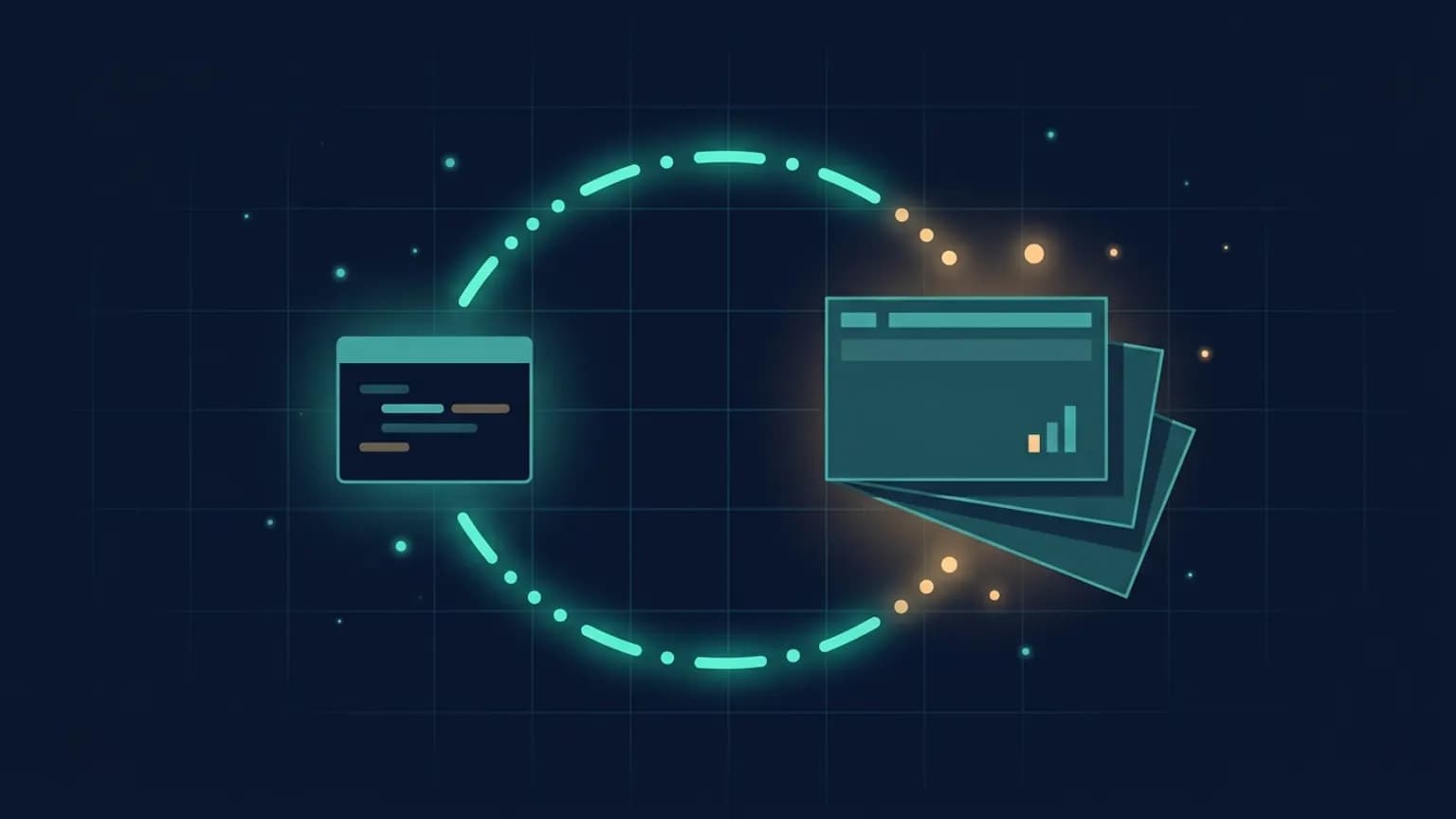 Editorial illustration: a Python code snippet on the left transforming into a fanned-out PowerPoint slide deck on the right, connected by a luminous teal flow arc, on a midnight navy background.