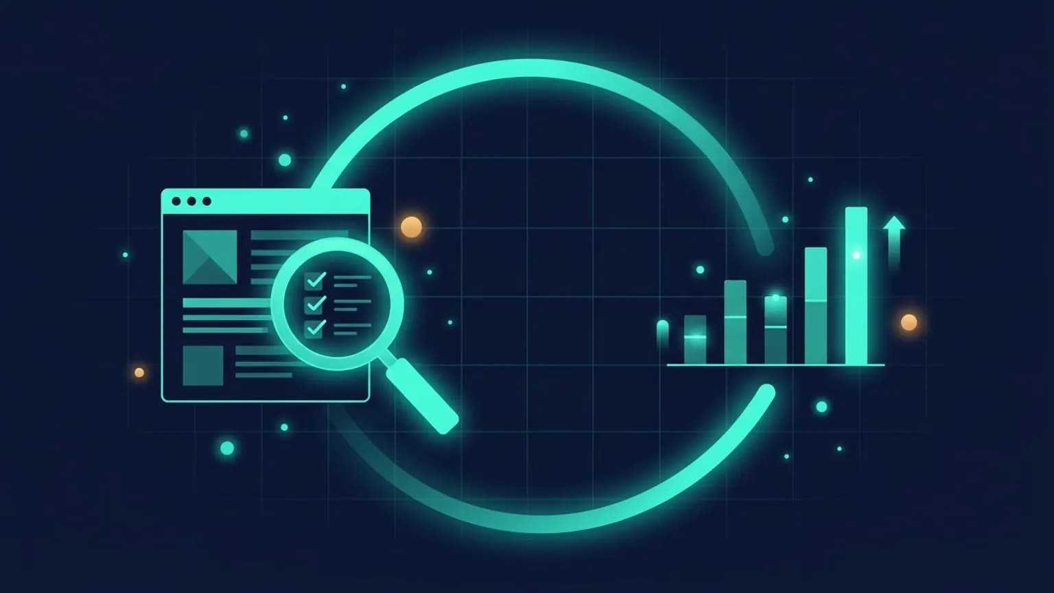 Editorial illustration: a website wireframe on the left feeding a magnifying-glass-over-checklist audit panel on the right, connected by a luminous teal flow arc, on a midnight navy background.